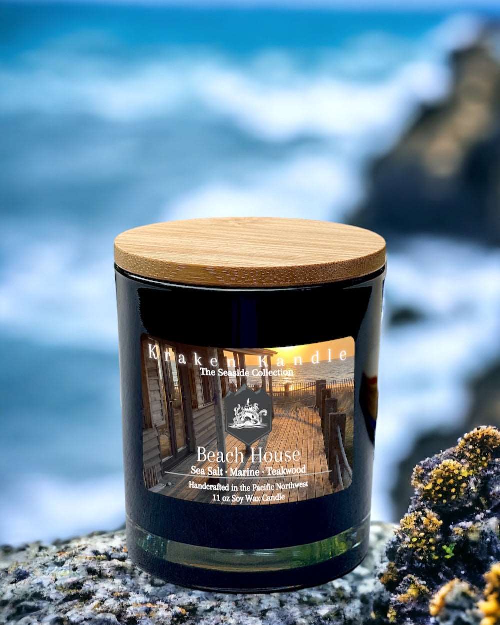 Beach House candle on the seashore with cliff and ocean in the background Kraken Kandle