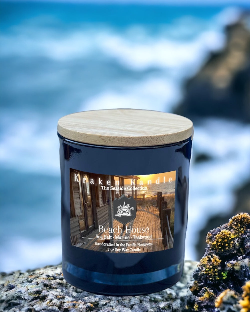 Sunset label of Beach House candle sea salt marine and Teakwood