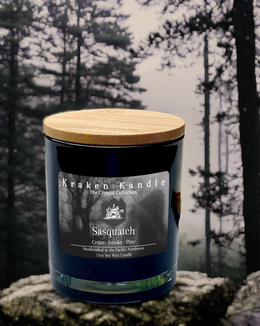 Sasquatch Bigfoot Candle in the foggy Pacific Northwest Forest