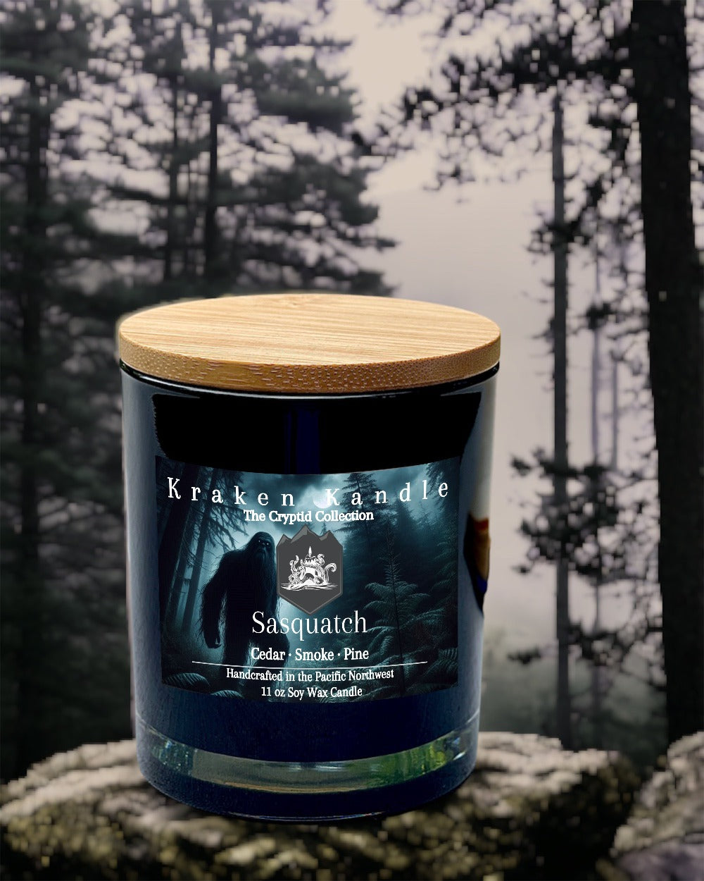 Sasquatch Bigfoot Candle in the foggy Pacific Northwest Forest