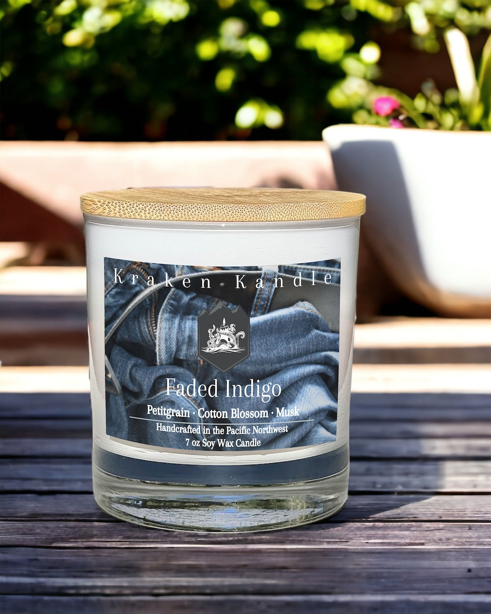 Faded Indigo summer candle scents of pettigrain cotton blossom and musk