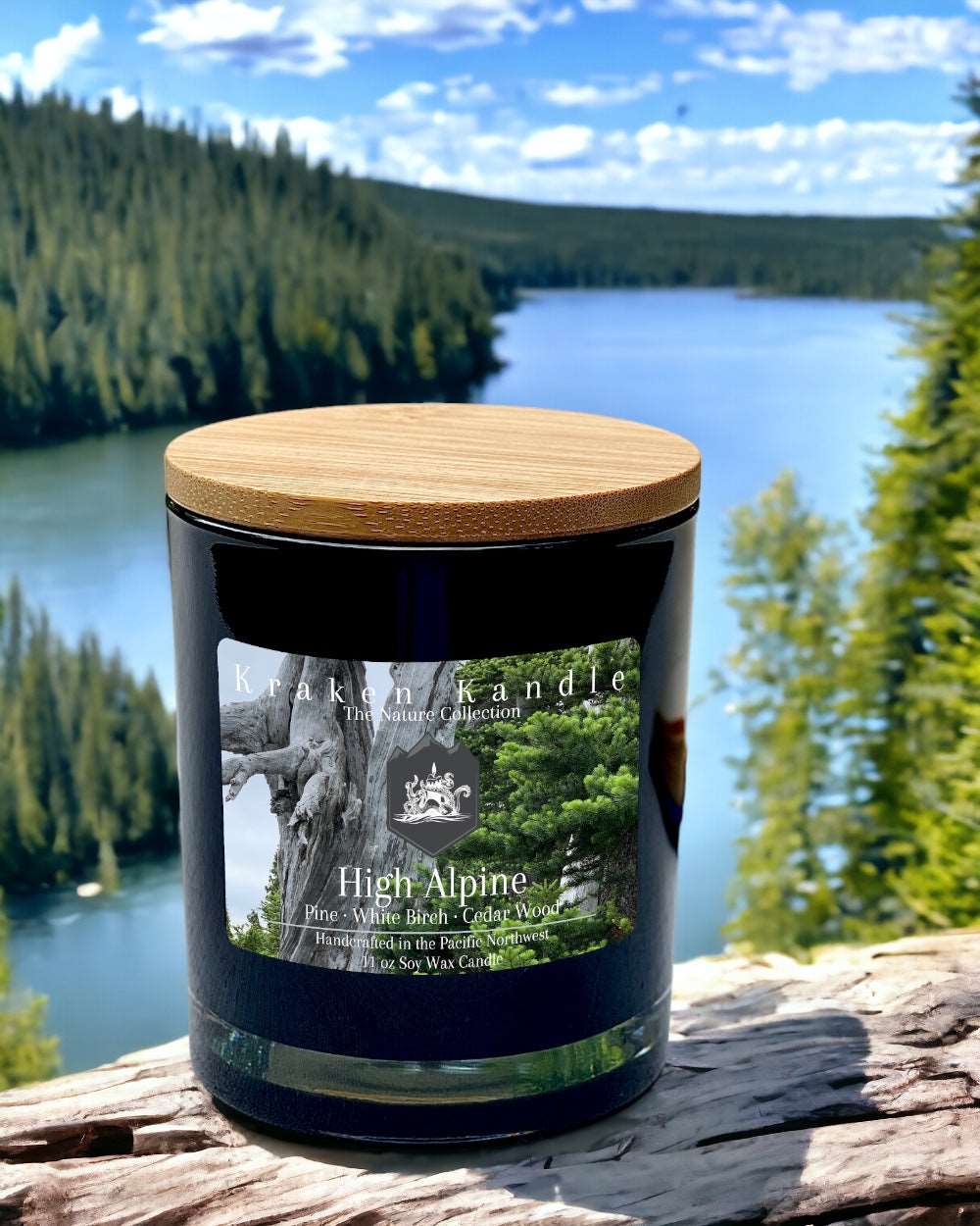 High alpine candle fragrant scents of pine white birch and cedar wood