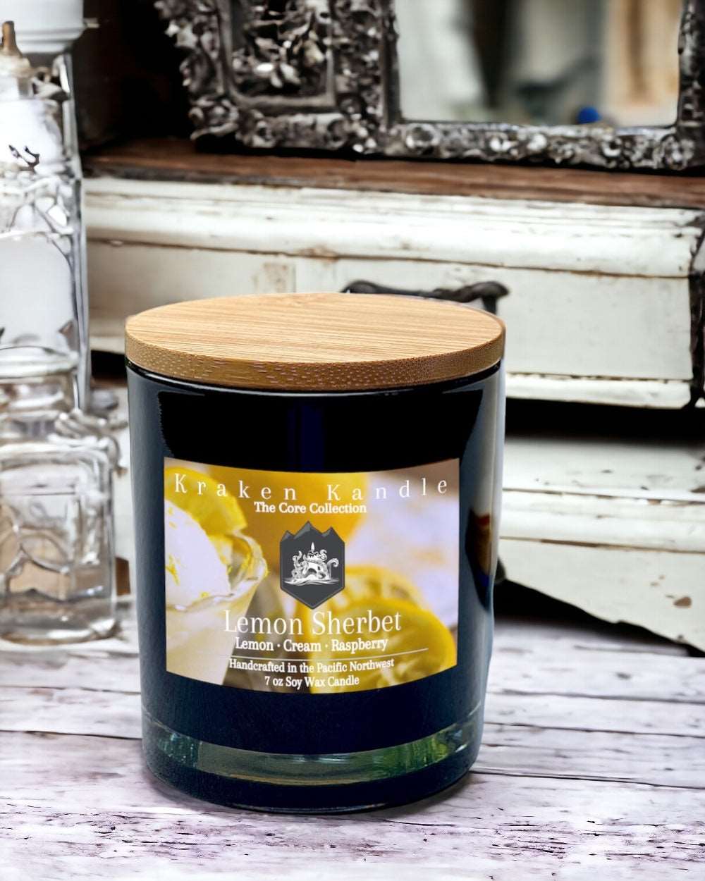 Zesty creamy Lemon Sherbet candle on antique table