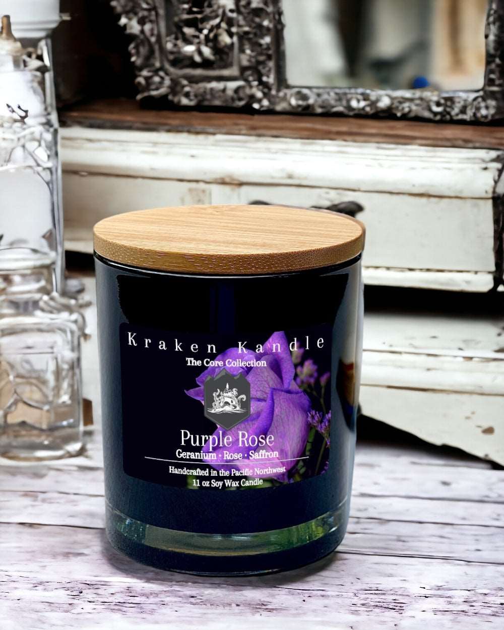 Purple Rose Candle geranium rose and saffron scents